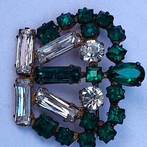 Signed Adele Simpson crown brooch – Emerald and Clear prong set Rhinestone pear